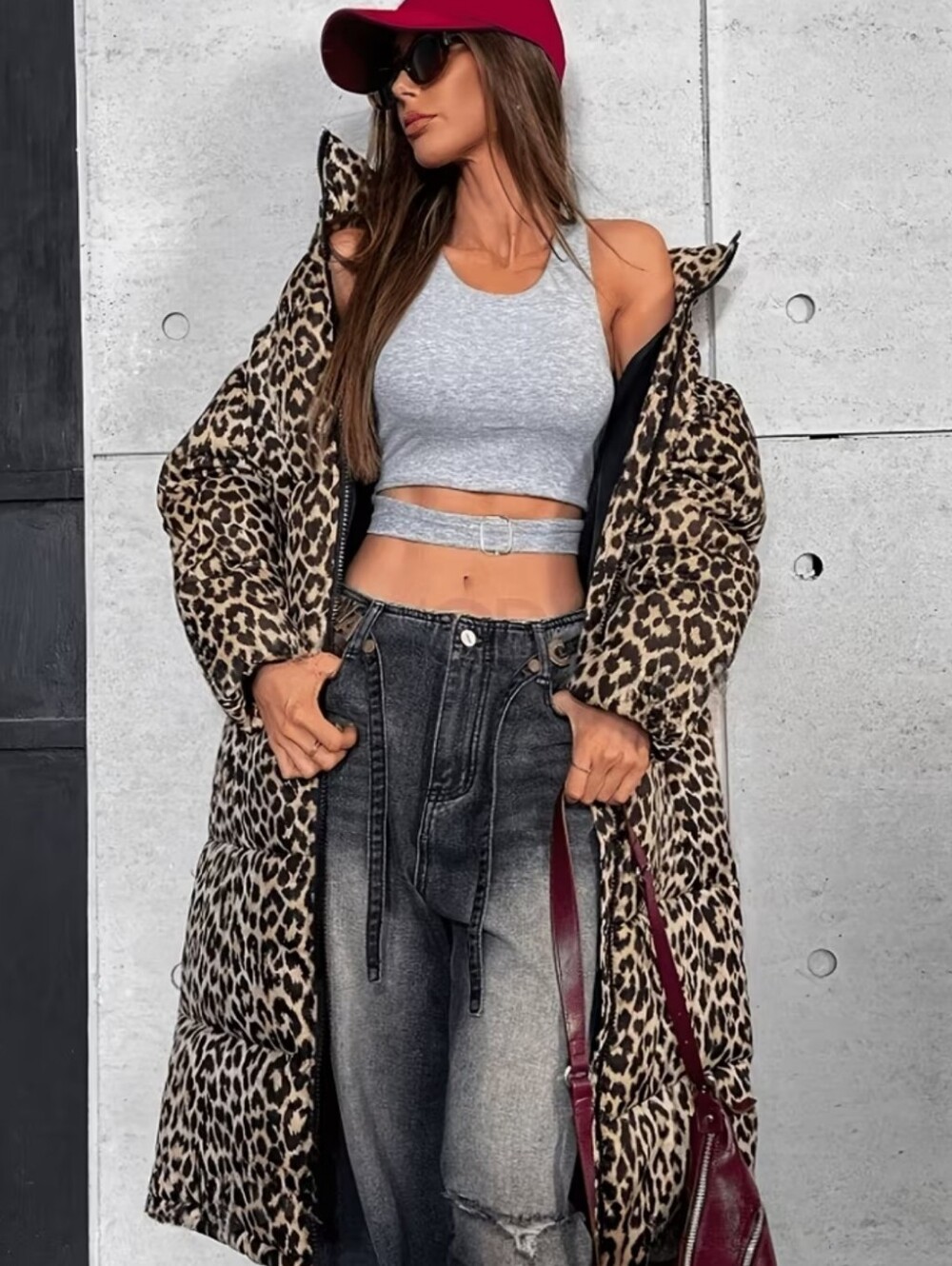 Leopard Print Long Puffer Coat - Brown - Picture 6 of 6
